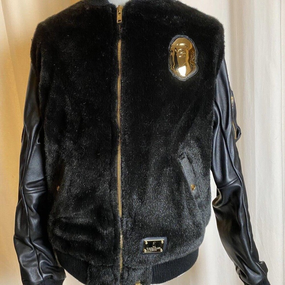 Bape Black Faux Fur Shark Ma-1 Leather Jacket XL